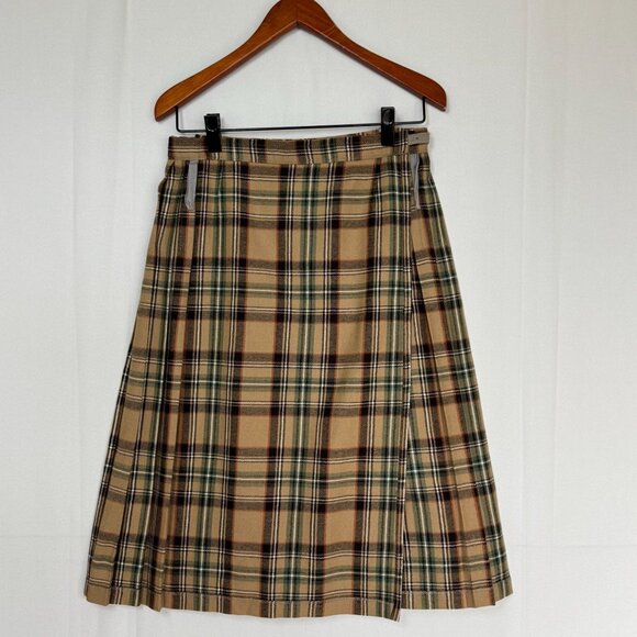 Vintage 80s The Edinburgh Woolen Mill Tan Plaid Pleated Wrap Midi Skirt Size 8 - Picture 10 of 13